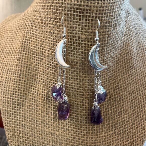 Made in Brazil Amethyst point Moon Dangle Earrings in Silvertone - Picture 8 of 10